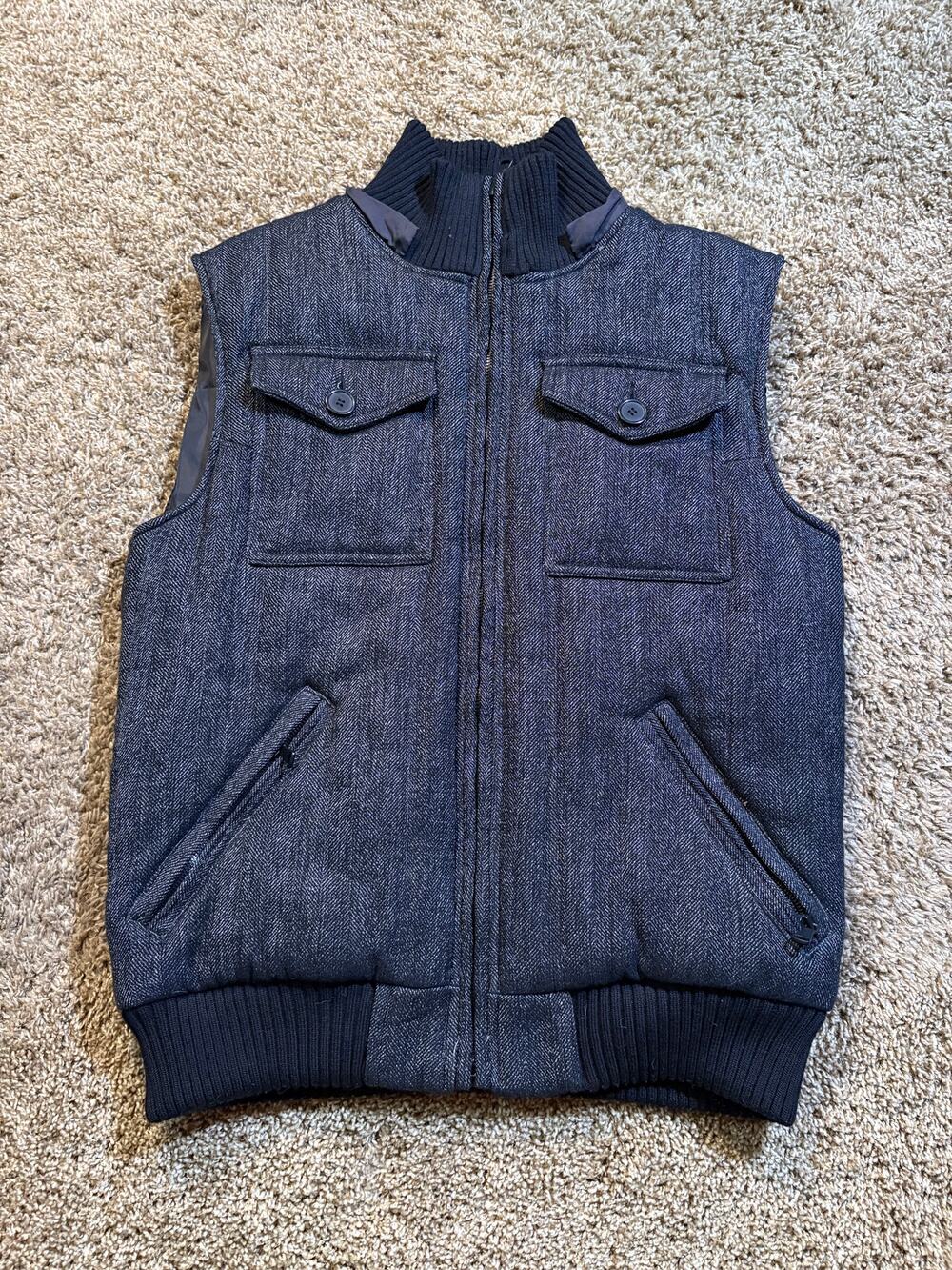 Zara Wool Blend Puffer Utility Vest Full Zip Mens Size Large Black